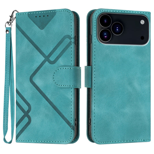For iPhone 17 Pro Wallet Case Line Imprinted PU Leather Phone Cover with Strap - Light Blue