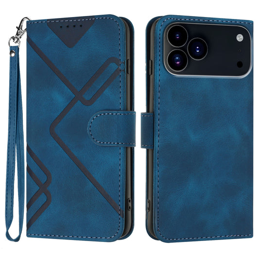 For iPhone 17 Pro Wallet Case Line Imprinted PU Leather Phone Cover with Strap - Royal Blue