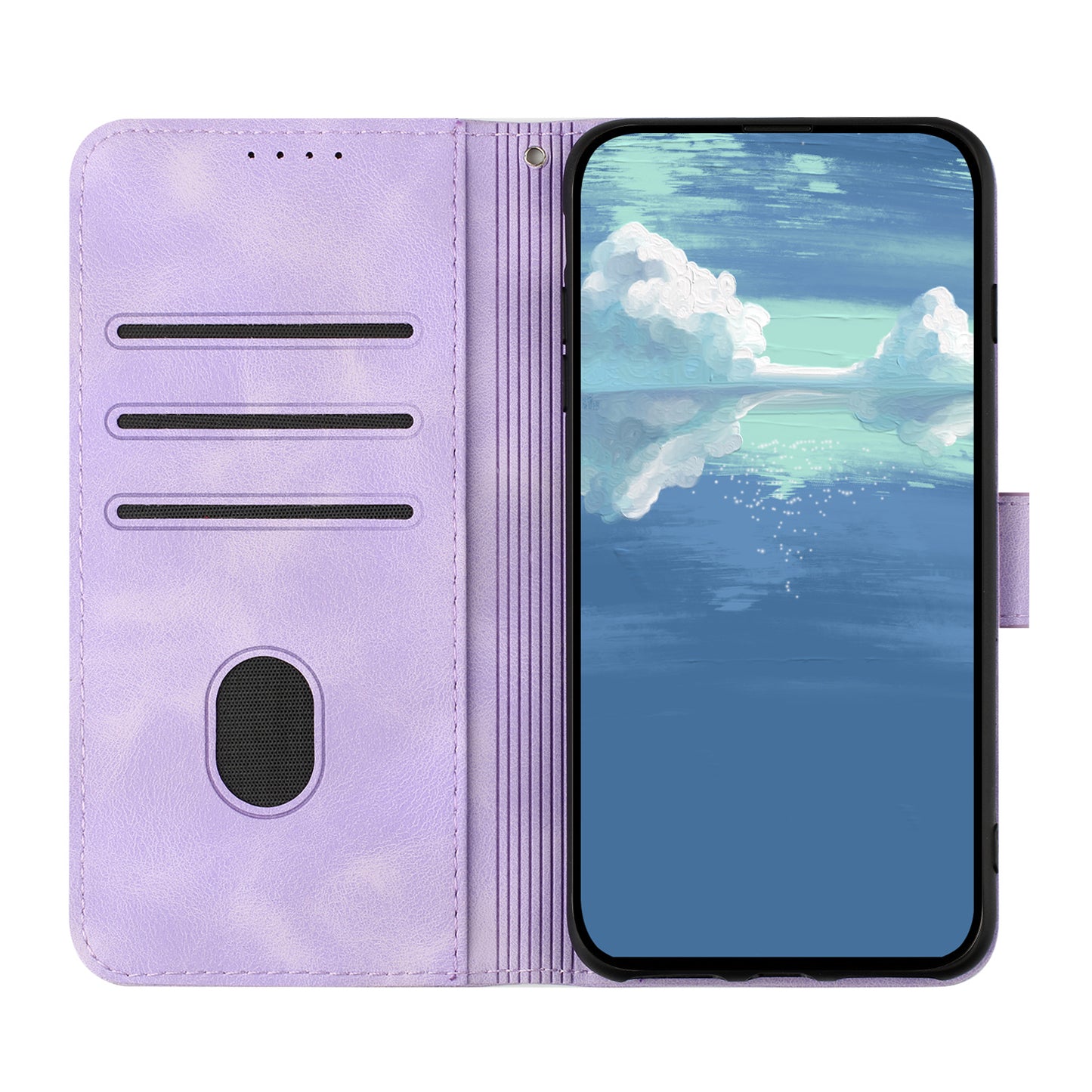 For iPhone 17 Pro Wallet Case Line Imprinted PU Leather Phone Cover with Strap - Purple
