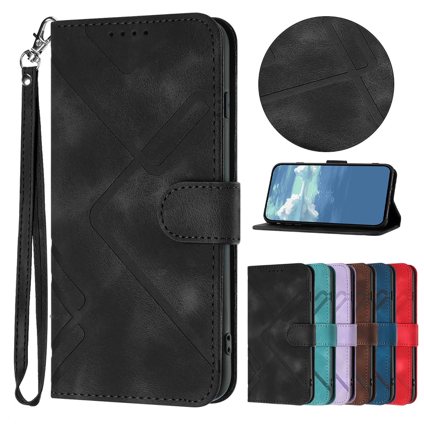 For iPhone 17 Wallet Case Line Imprinted PU Leather Phone Cover with Strap - Black