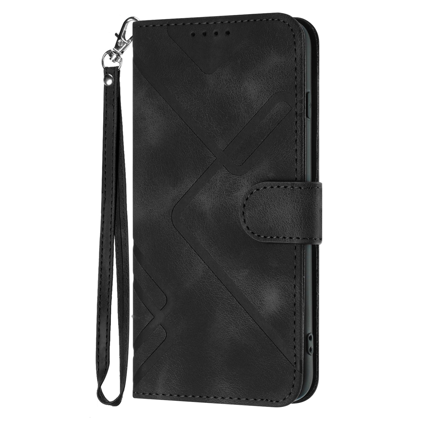 For iPhone 17 Wallet Case Line Imprinted PU Leather Phone Cover with Strap - Black