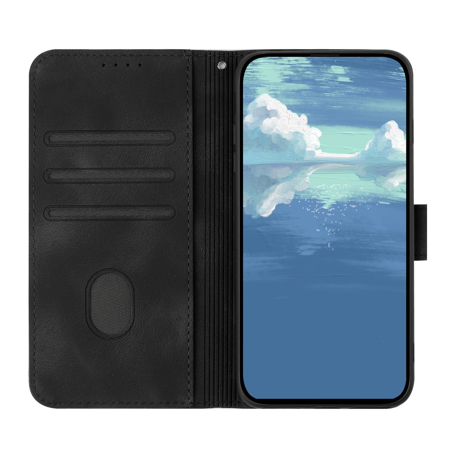 For iPhone 17 Wallet Case Line Imprinted PU Leather Phone Cover with Strap - Black