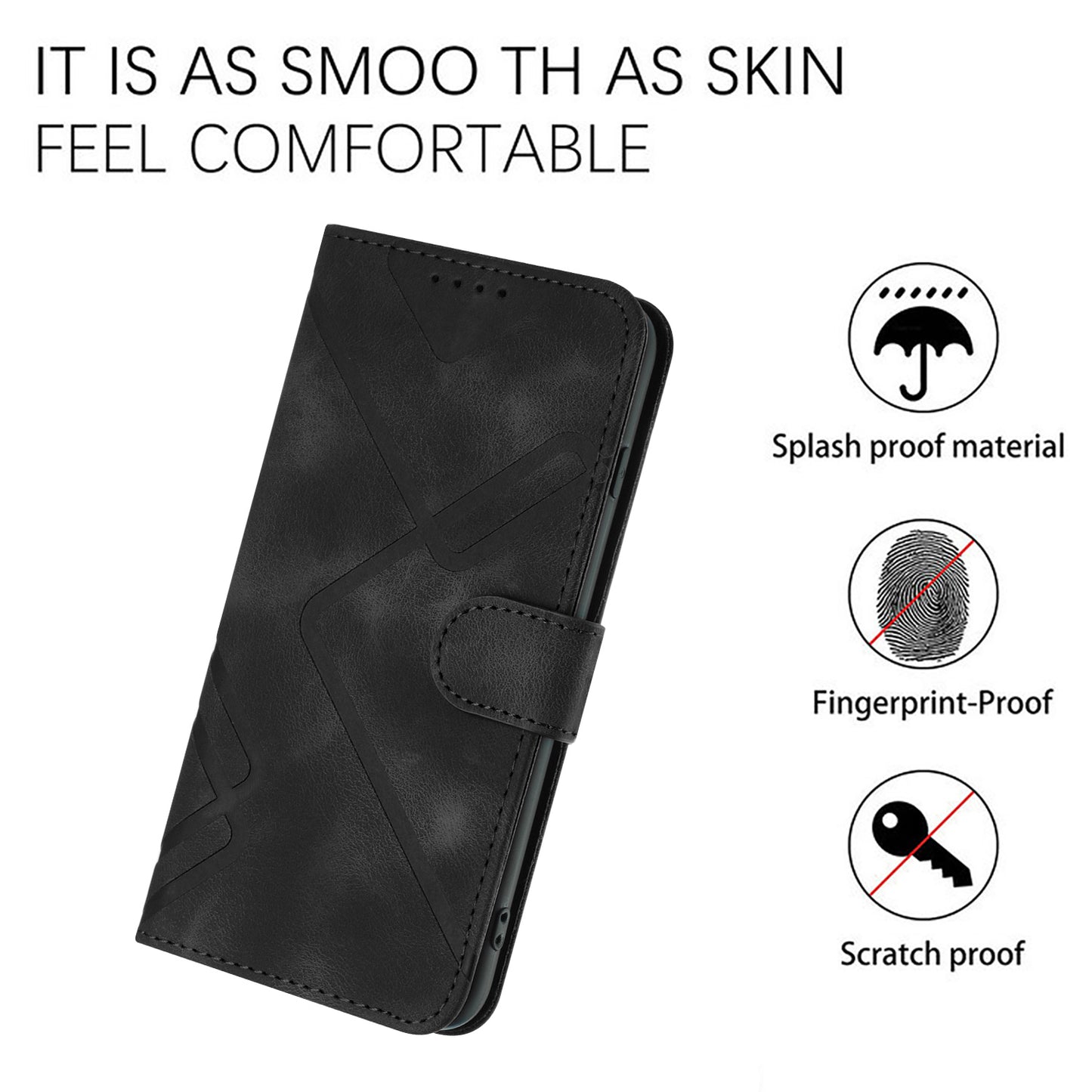 For iPhone 17 Wallet Case Line Imprinted PU Leather Phone Cover with Strap - Black