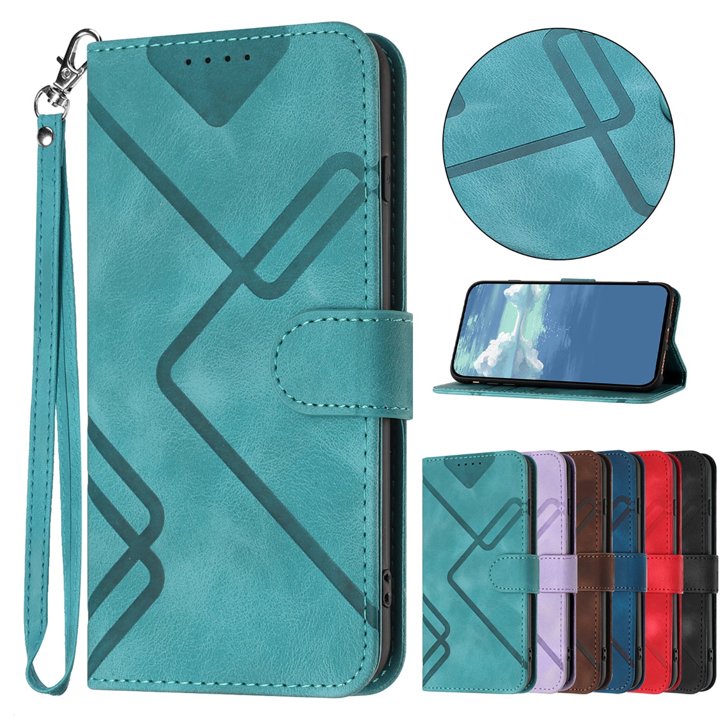 For iPhone 17 Wallet Case Line Imprinted PU Leather Phone Cover with Strap - Light Blue