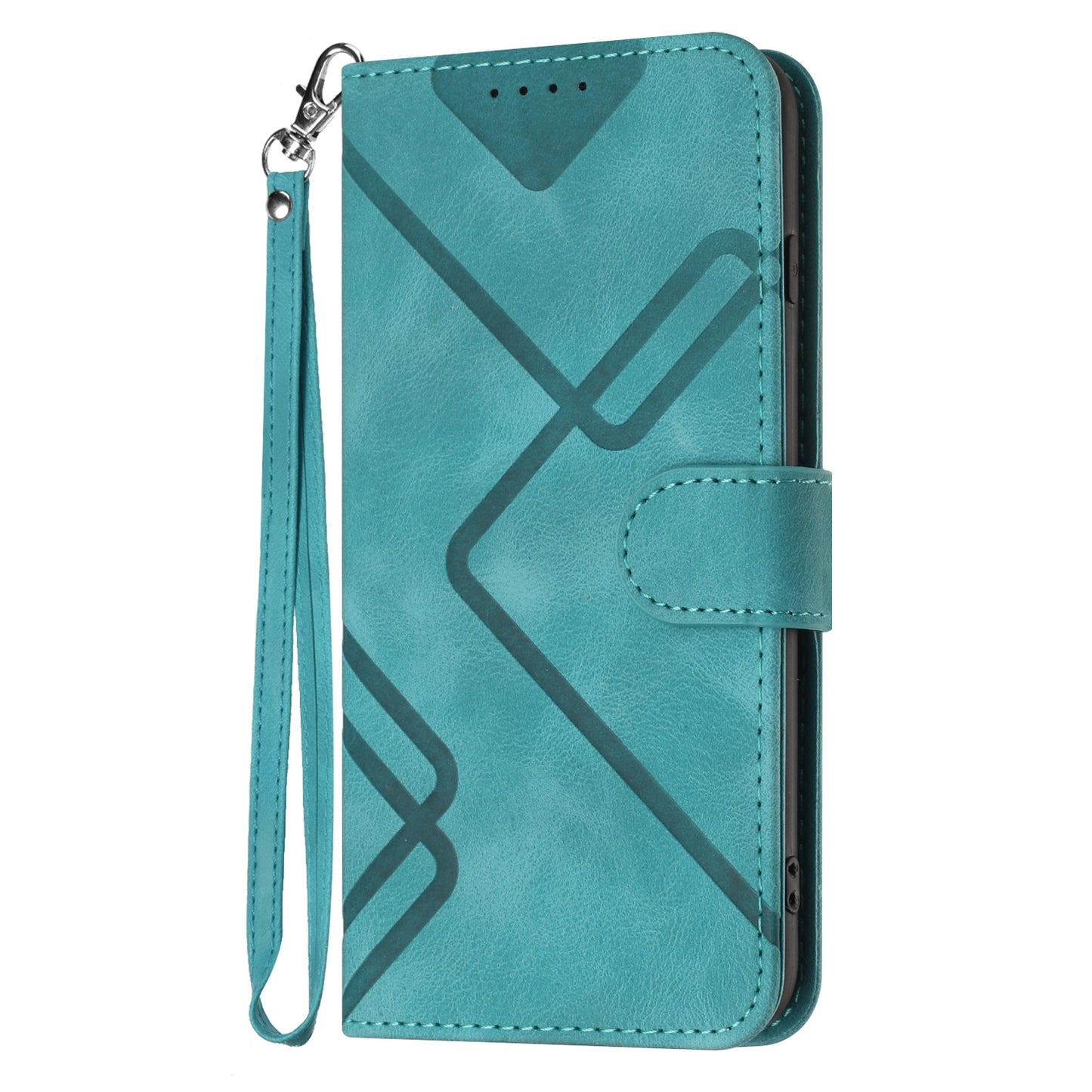 For iPhone 17 Wallet Case Line Imprinted PU Leather Phone Cover with Strap - Light Blue