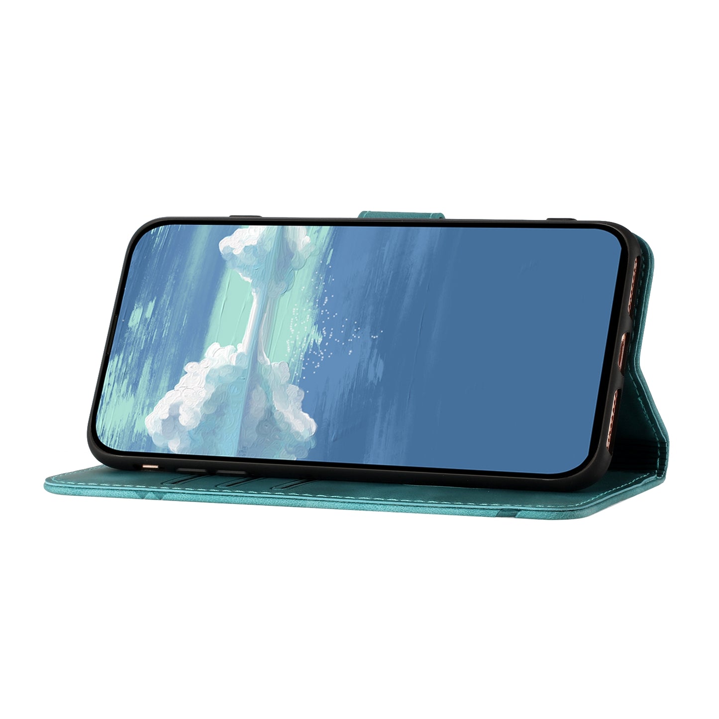 For iPhone 17 Wallet Case Line Imprinted PU Leather Phone Cover with Strap - Light Blue