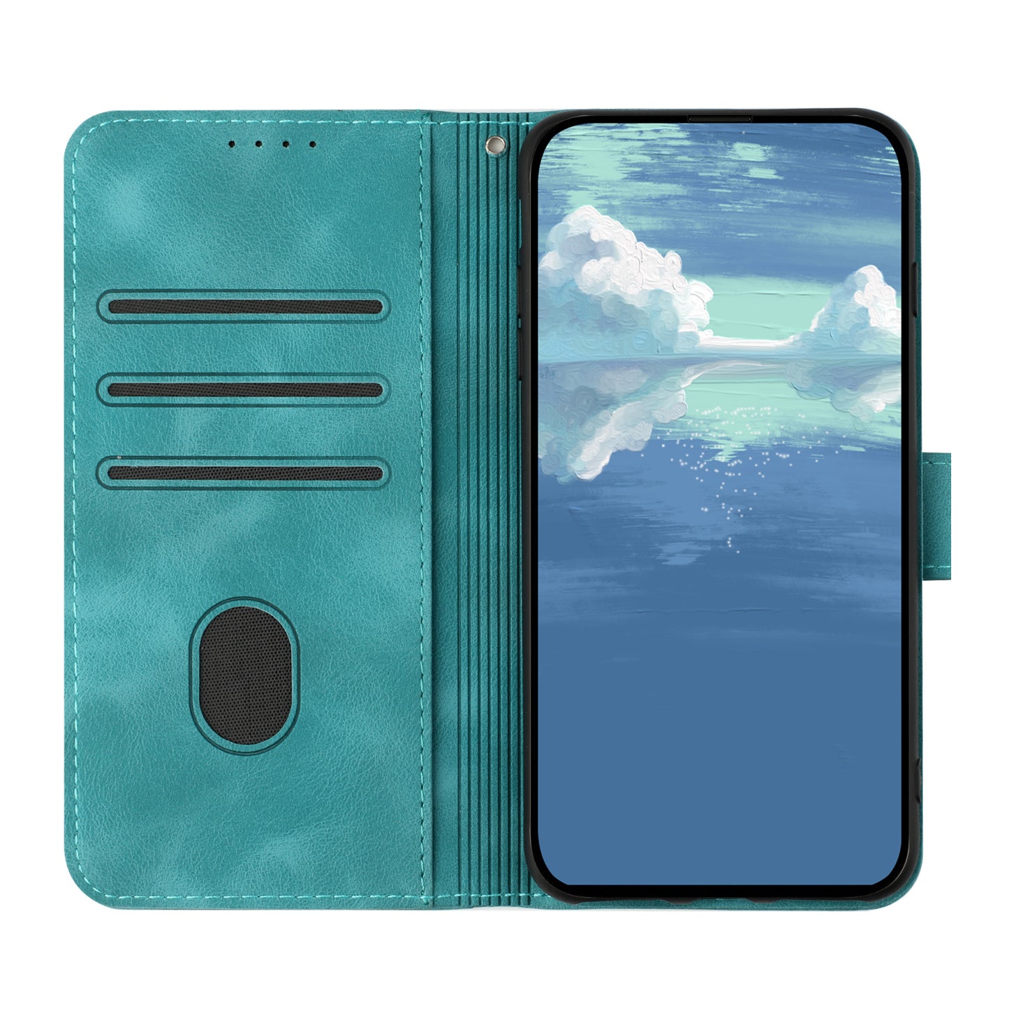 For iPhone 17 Wallet Case Line Imprinted PU Leather Phone Cover with Strap - Light Blue