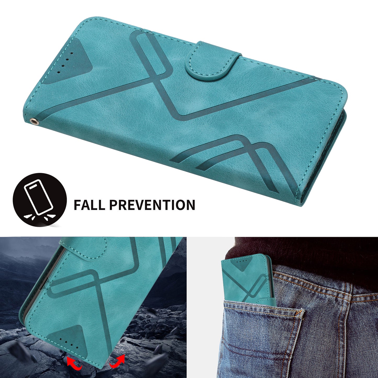 For iPhone 17 Wallet Case Line Imprinted PU Leather Phone Cover with Strap - Light Blue