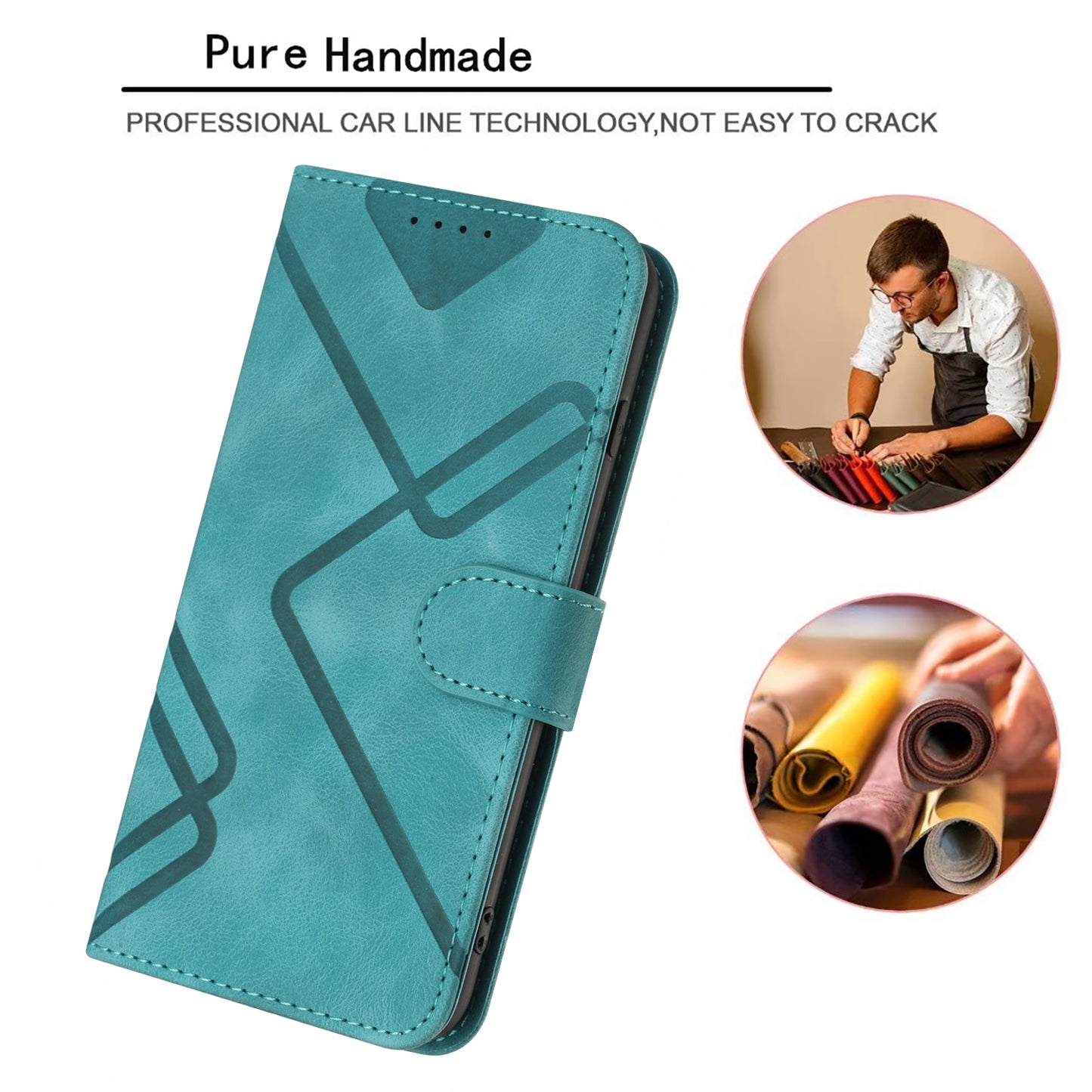 For iPhone 17 Wallet Case Line Imprinted PU Leather Phone Cover with Strap - Light Blue