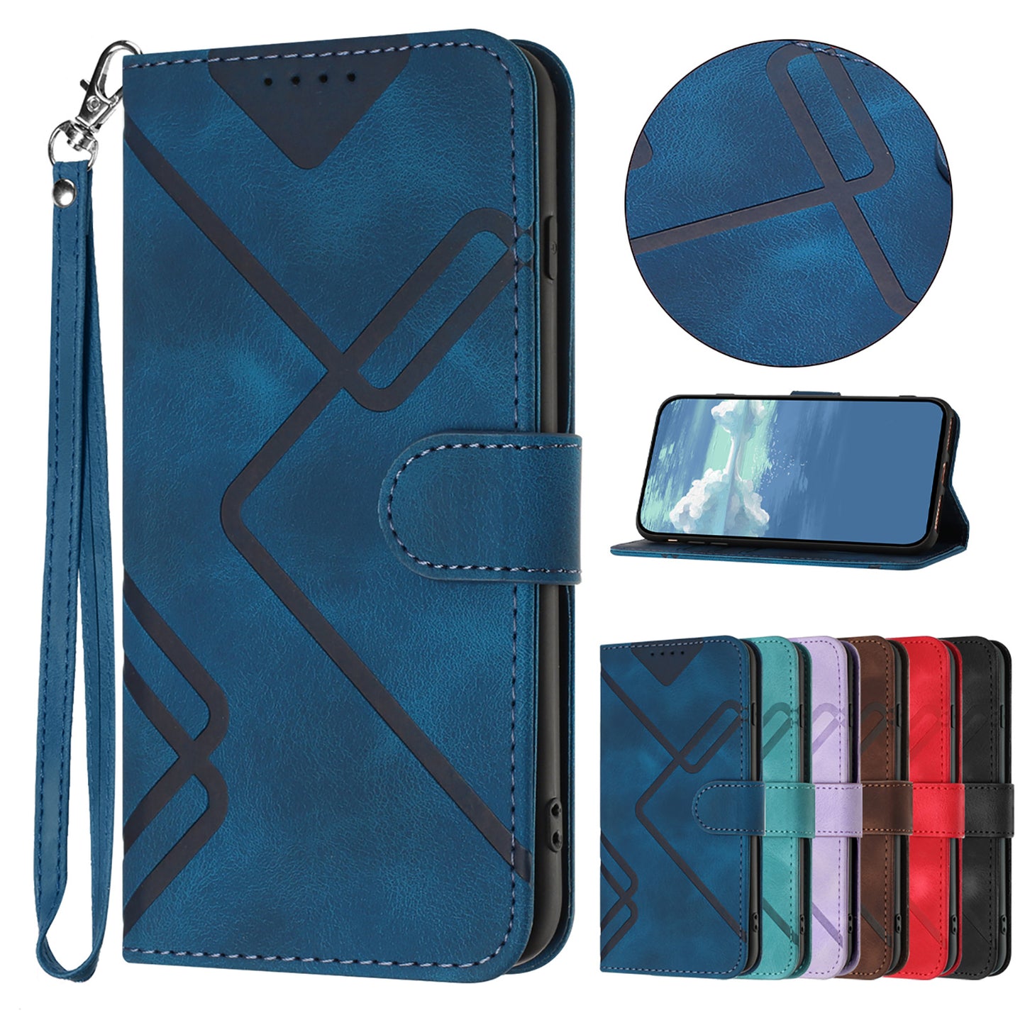 For iPhone 17 Wallet Case Line Imprinted PU Leather Phone Cover with Strap - Royal Blue