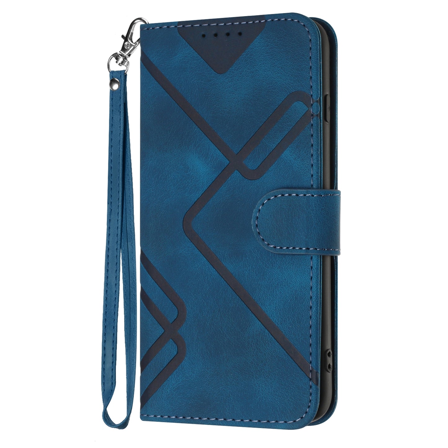 For iPhone 17 Wallet Case Line Imprinted PU Leather Phone Cover with Strap - Royal Blue