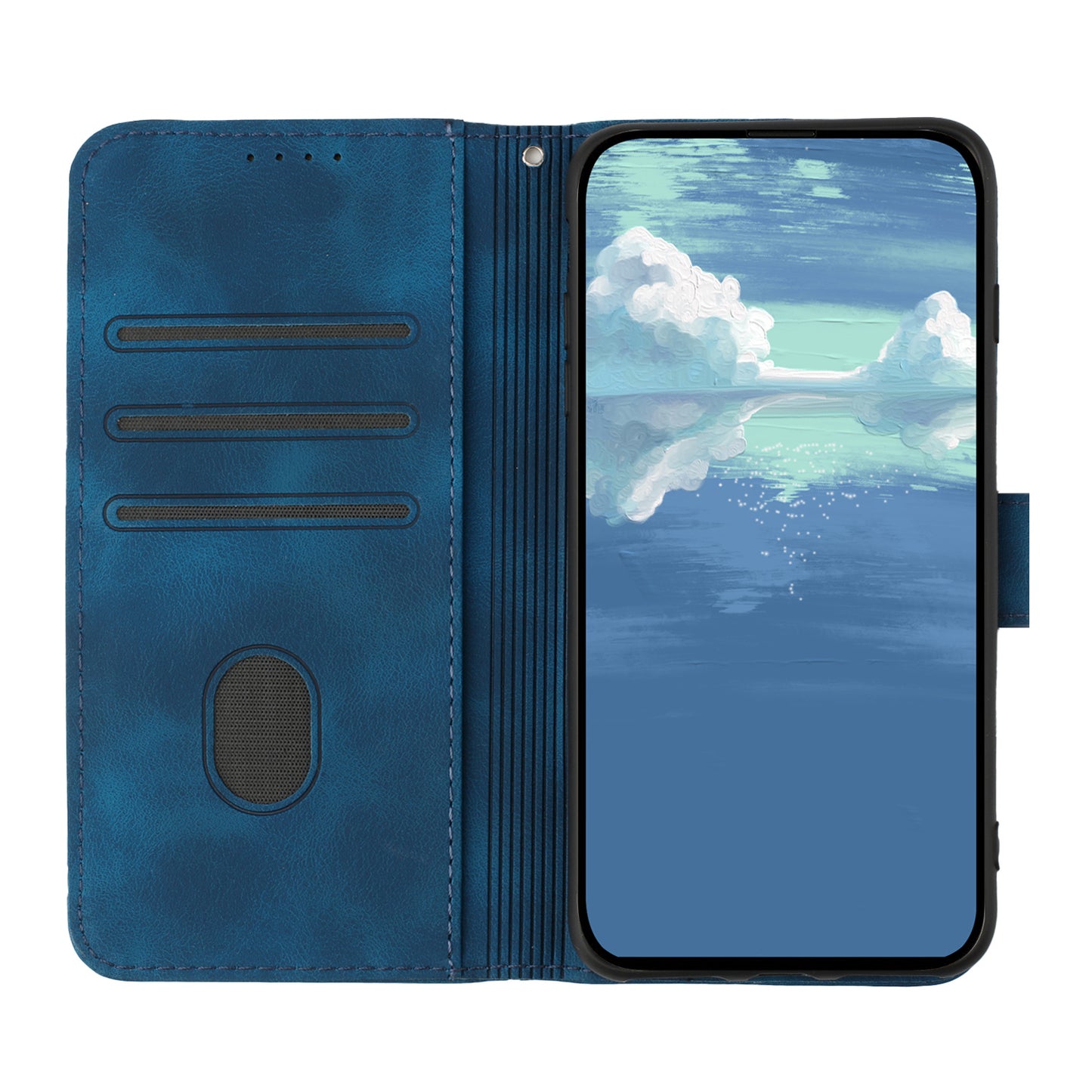 For iPhone 17 Wallet Case Line Imprinted PU Leather Phone Cover with Strap - Royal Blue