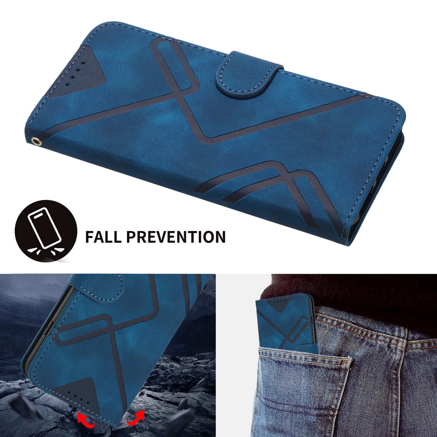 For iPhone 17 Wallet Case Line Imprinted PU Leather Phone Cover with Strap - Royal Blue
