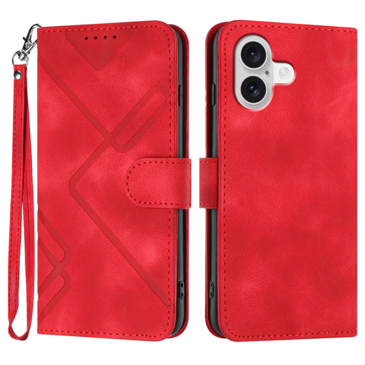 For iPhone 17 Wallet Case Line Imprinted PU Leather Phone Cover with Strap - Red