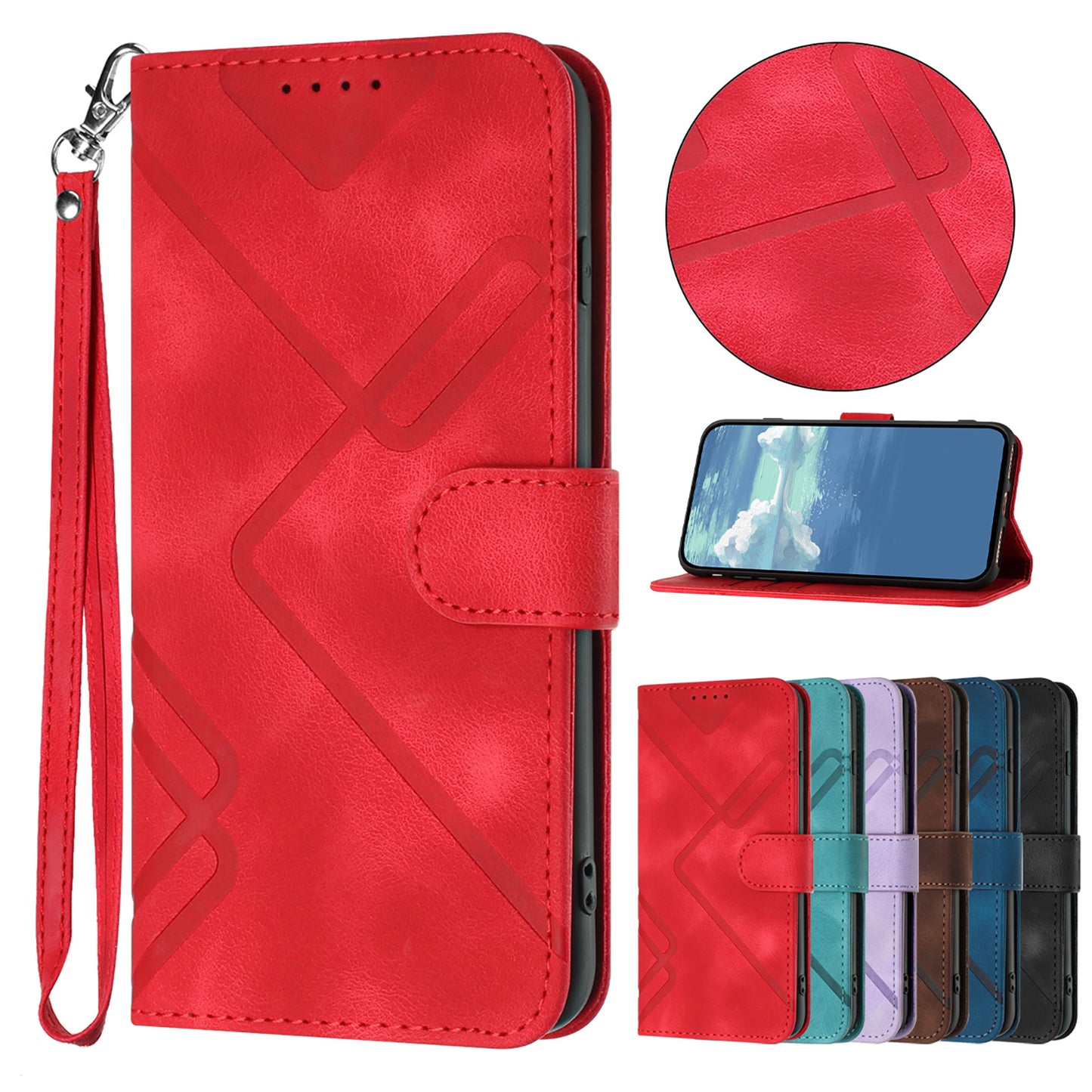 For iPhone 17 Wallet Case Line Imprinted PU Leather Phone Cover with Strap - Red