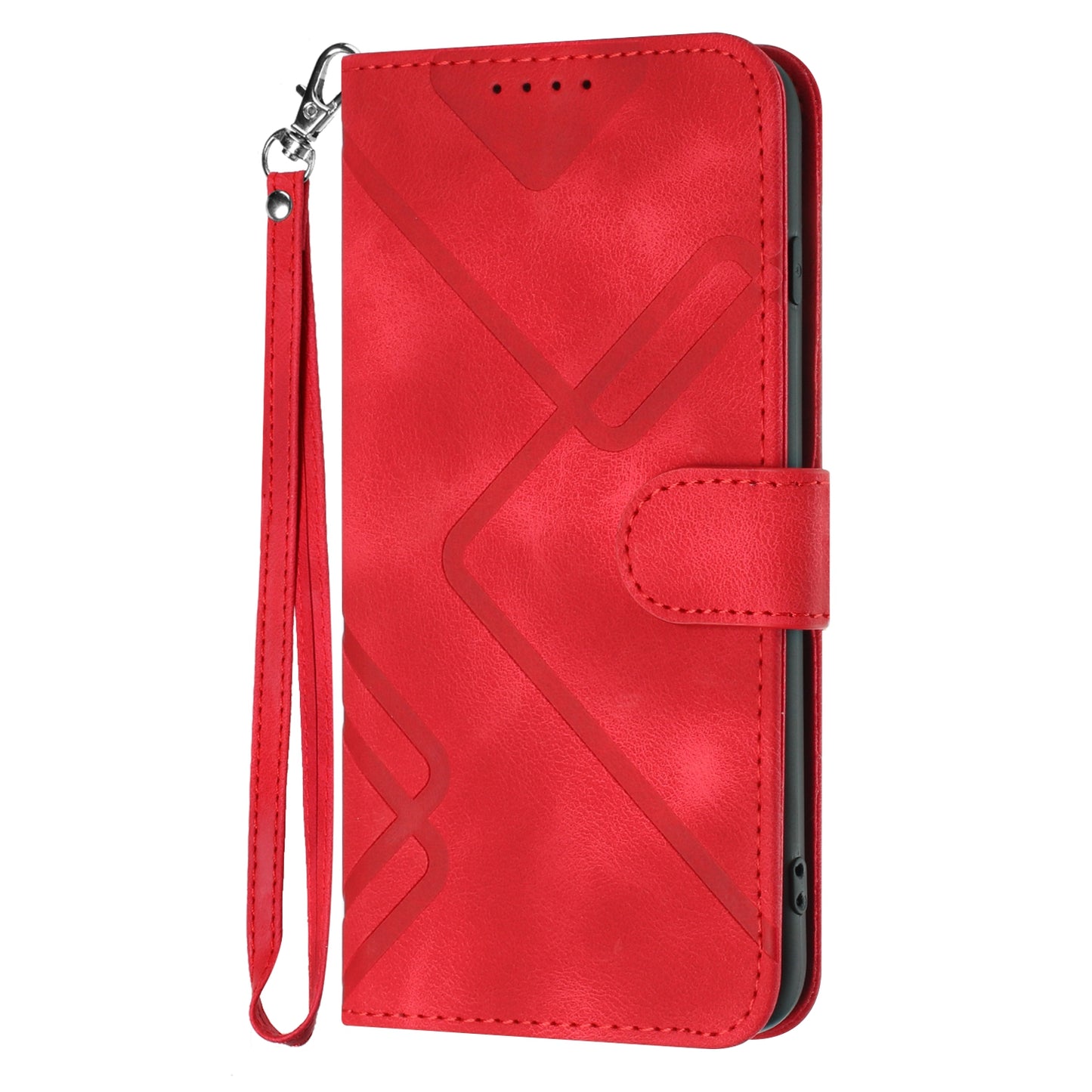 For iPhone 17 Wallet Case Line Imprinted PU Leather Phone Cover with Strap - Red