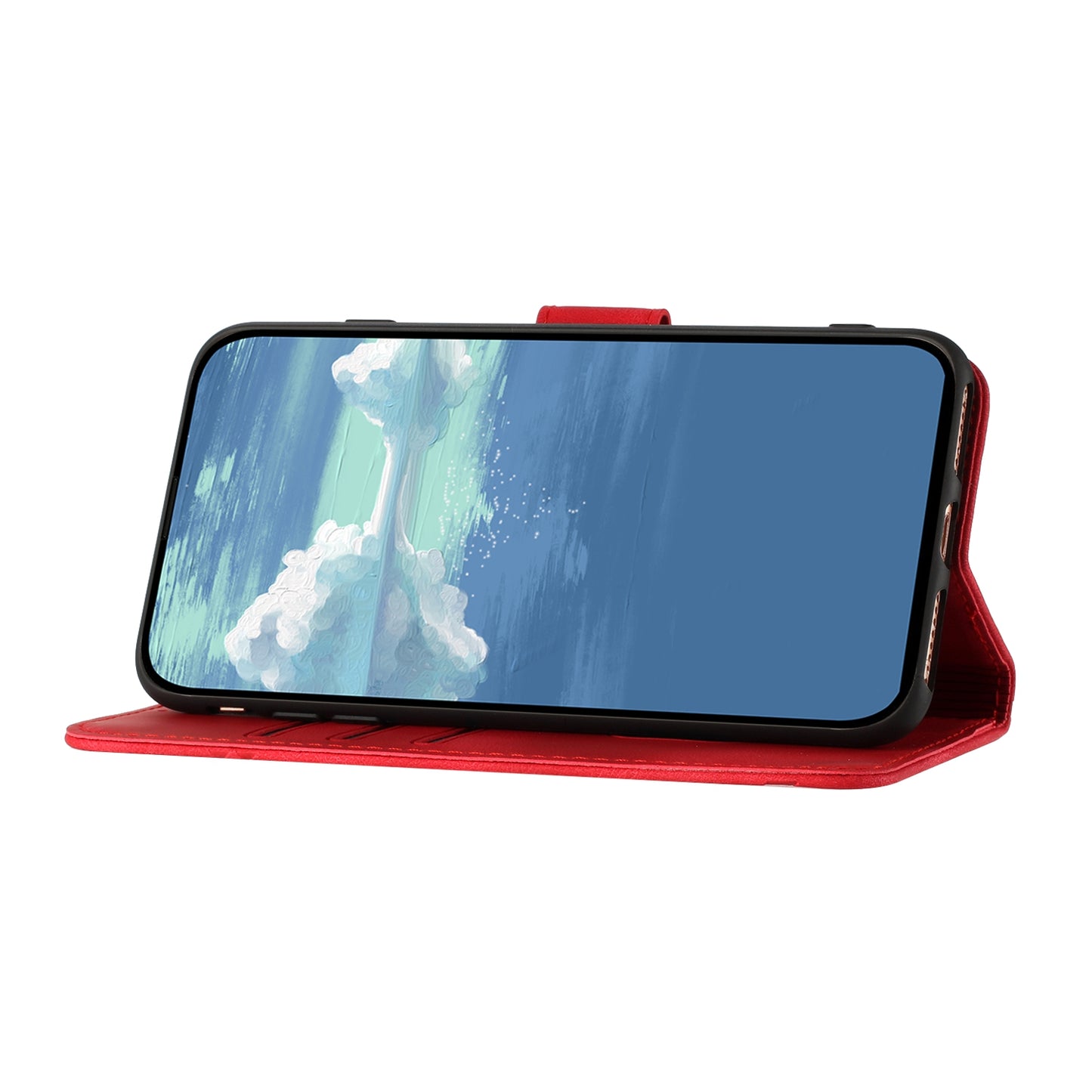 For iPhone 17 Wallet Case Line Imprinted PU Leather Phone Cover with Strap - Red