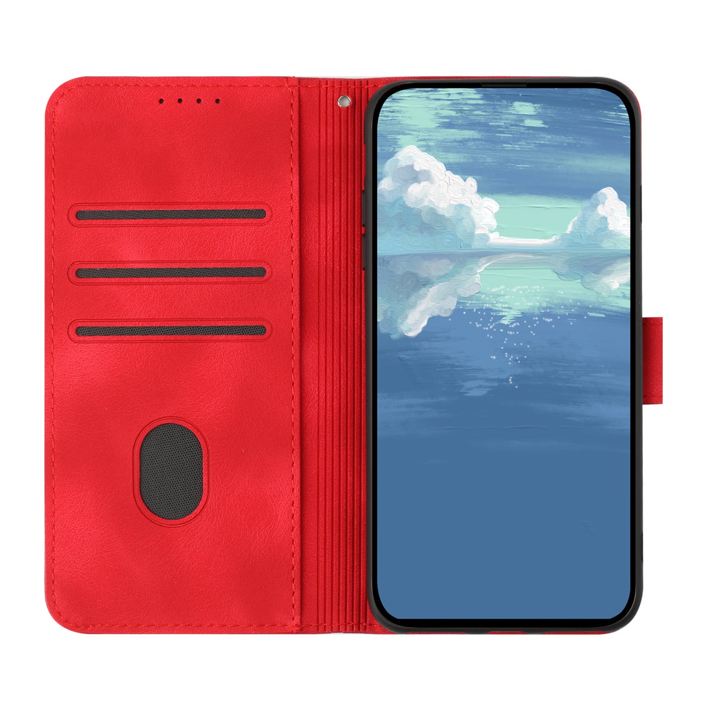 For iPhone 17 Wallet Case Line Imprinted PU Leather Phone Cover with Strap - Red