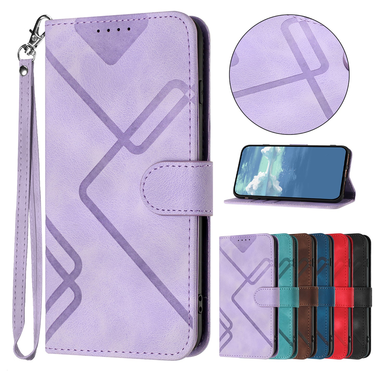 For iPhone 17 Wallet Case Line Imprinted PU Leather Phone Cover with Strap - Purple