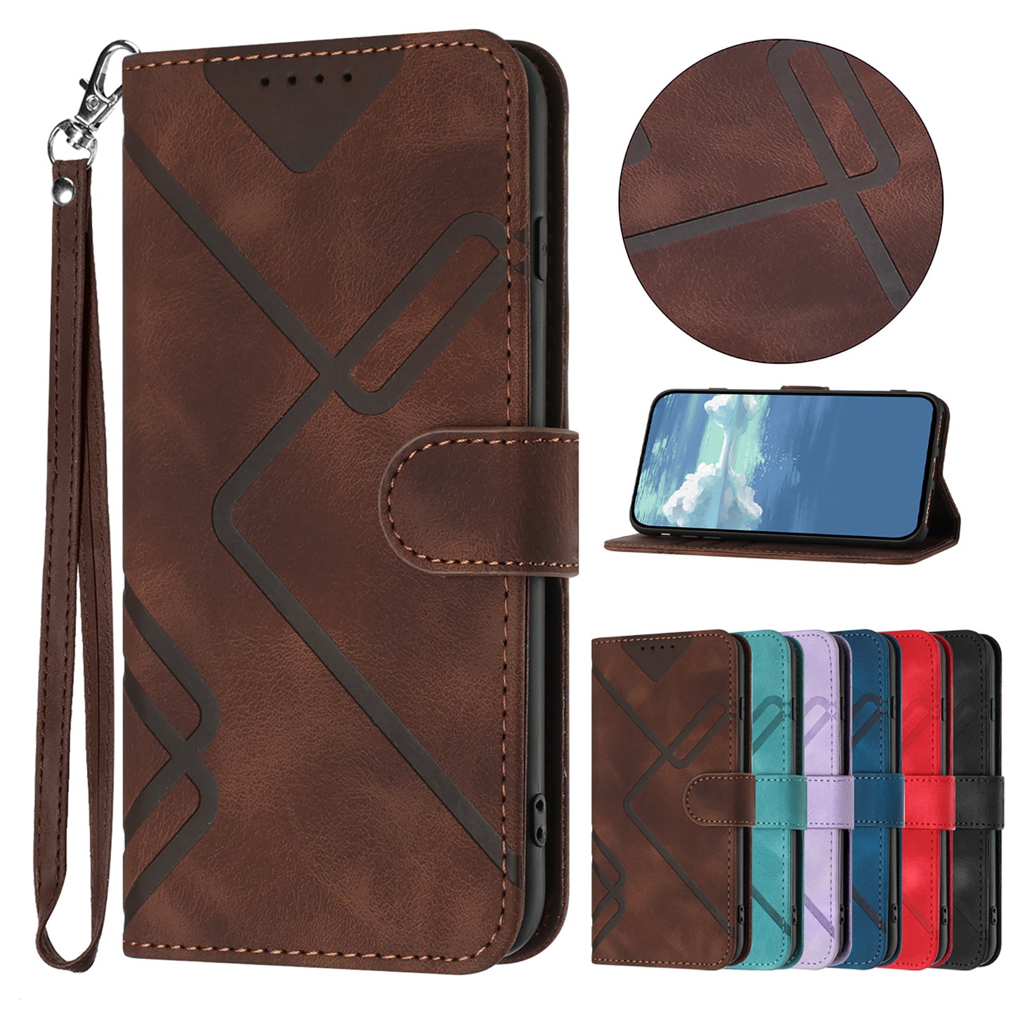 For iPhone 17 Wallet Case Line Imprinted PU Leather Phone Cover with Strap - Brown
