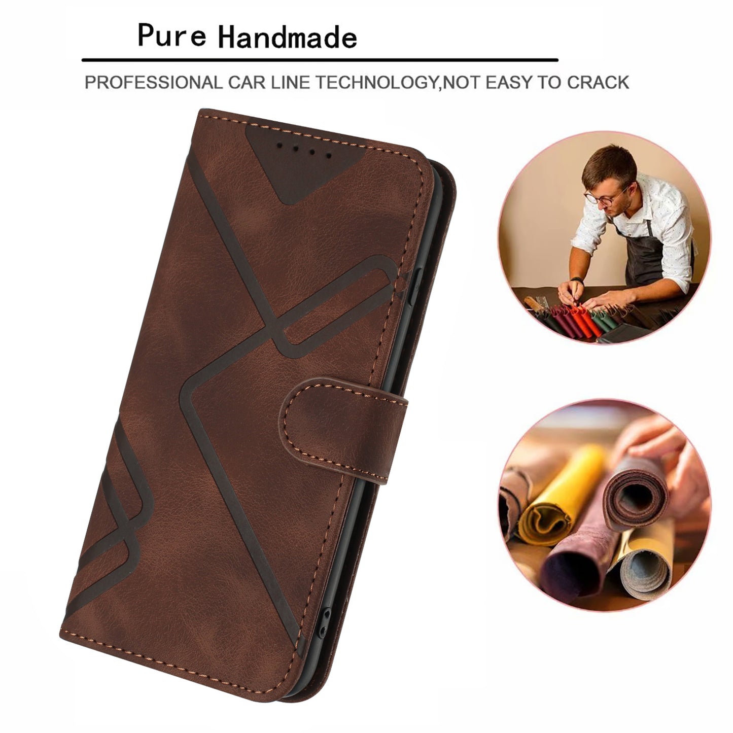 For iPhone 17 Wallet Case Line Imprinted PU Leather Phone Cover with Strap - Brown