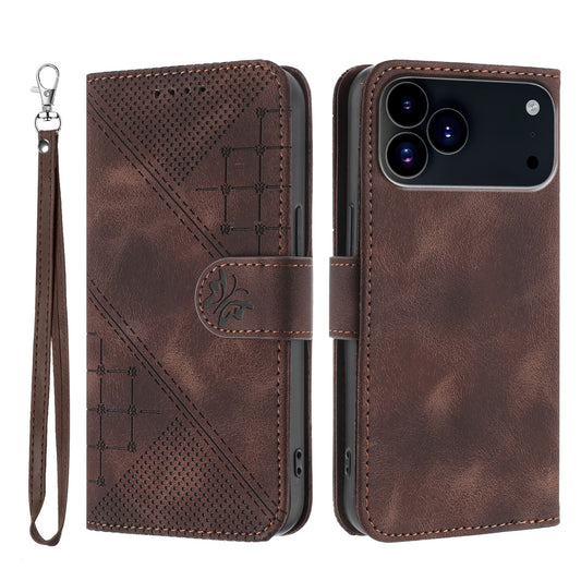 For iPhone 17 Pro Leather Wallet Case Butterfly Flower Imprinted Phone Cover with Strap - Coffee