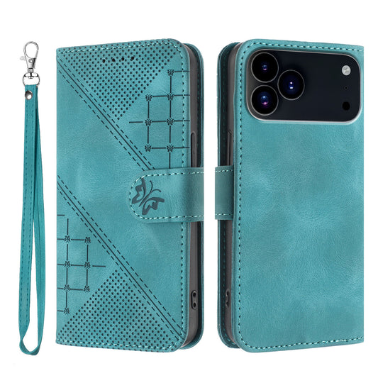For iPhone 17 Pro Leather Wallet Case Butterfly Flower Imprinted Phone Cover with Strap - Light Blue