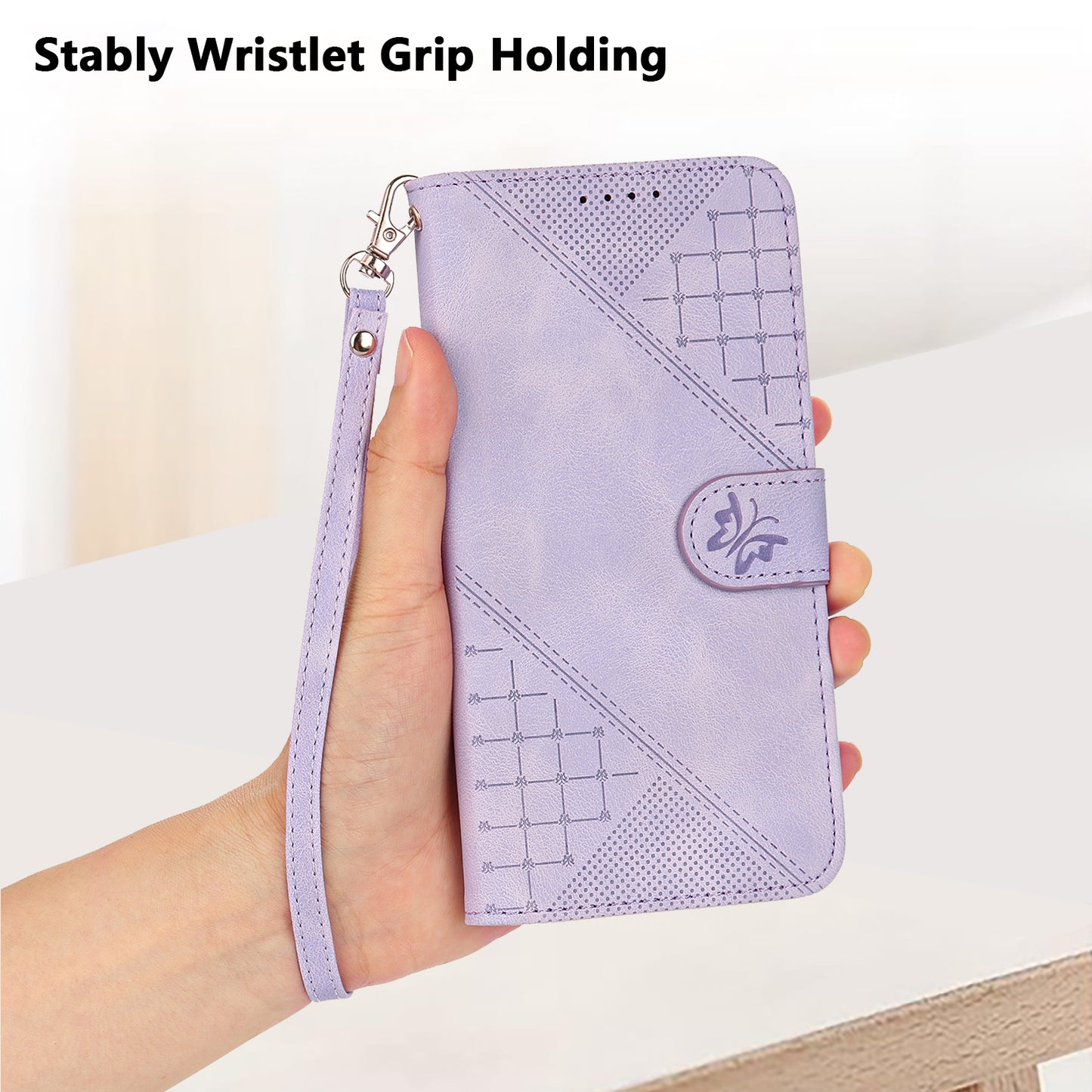 For iPhone 17 Leather Wallet Case Butterfly Flower Imprinted Phone Cover with Strap - Purple