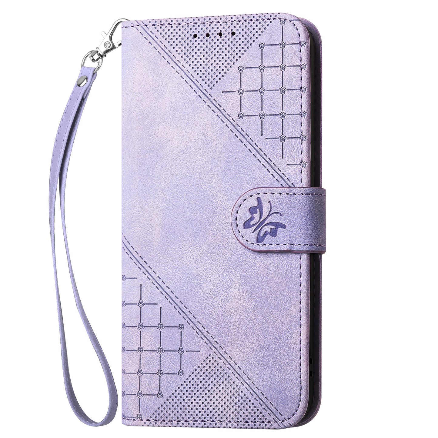 For iPhone 17 Leather Wallet Case Butterfly Flower Imprinted Phone Cover with Strap - Purple