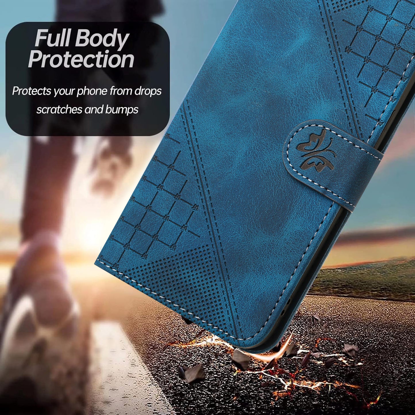 For iPhone 17 Leather Wallet Case Butterfly Flower Imprinted Phone Cover with Strap - Royal Blue