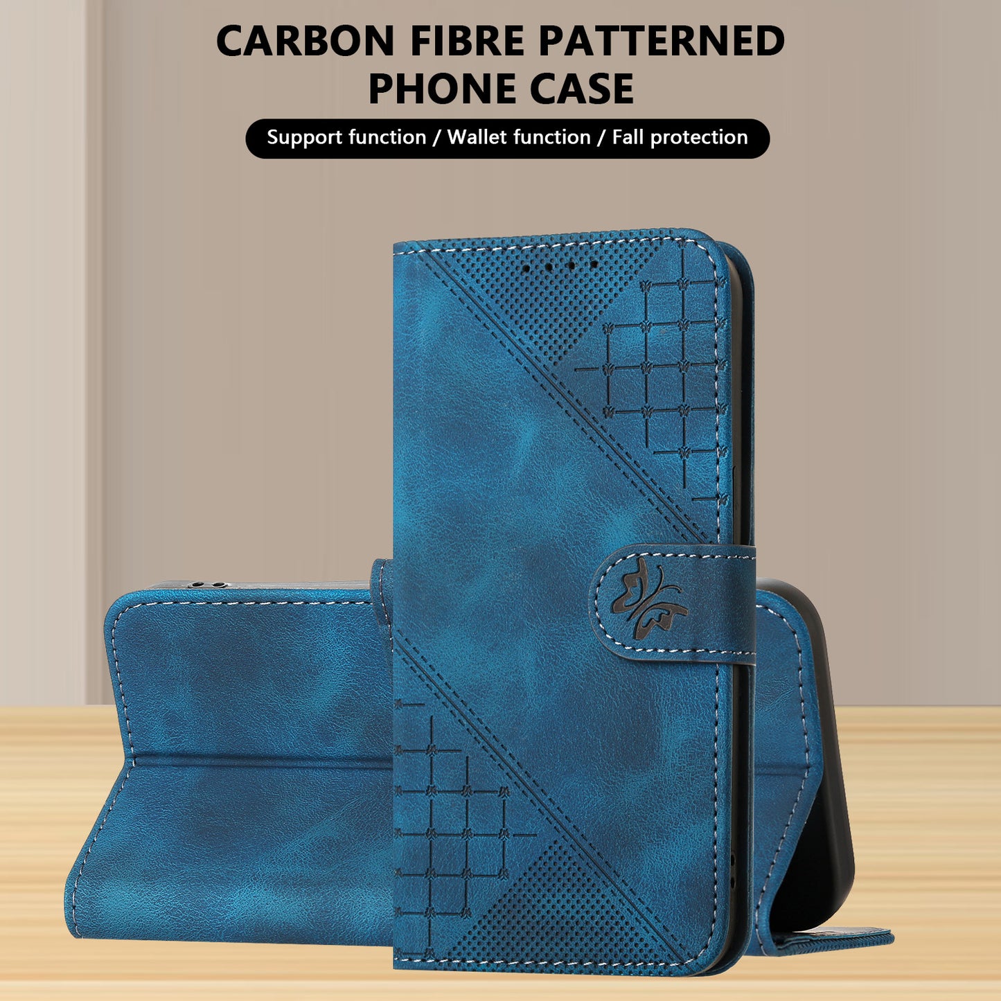 For iPhone 17 Leather Wallet Case Butterfly Flower Imprinted Phone Cover with Strap - Royal Blue