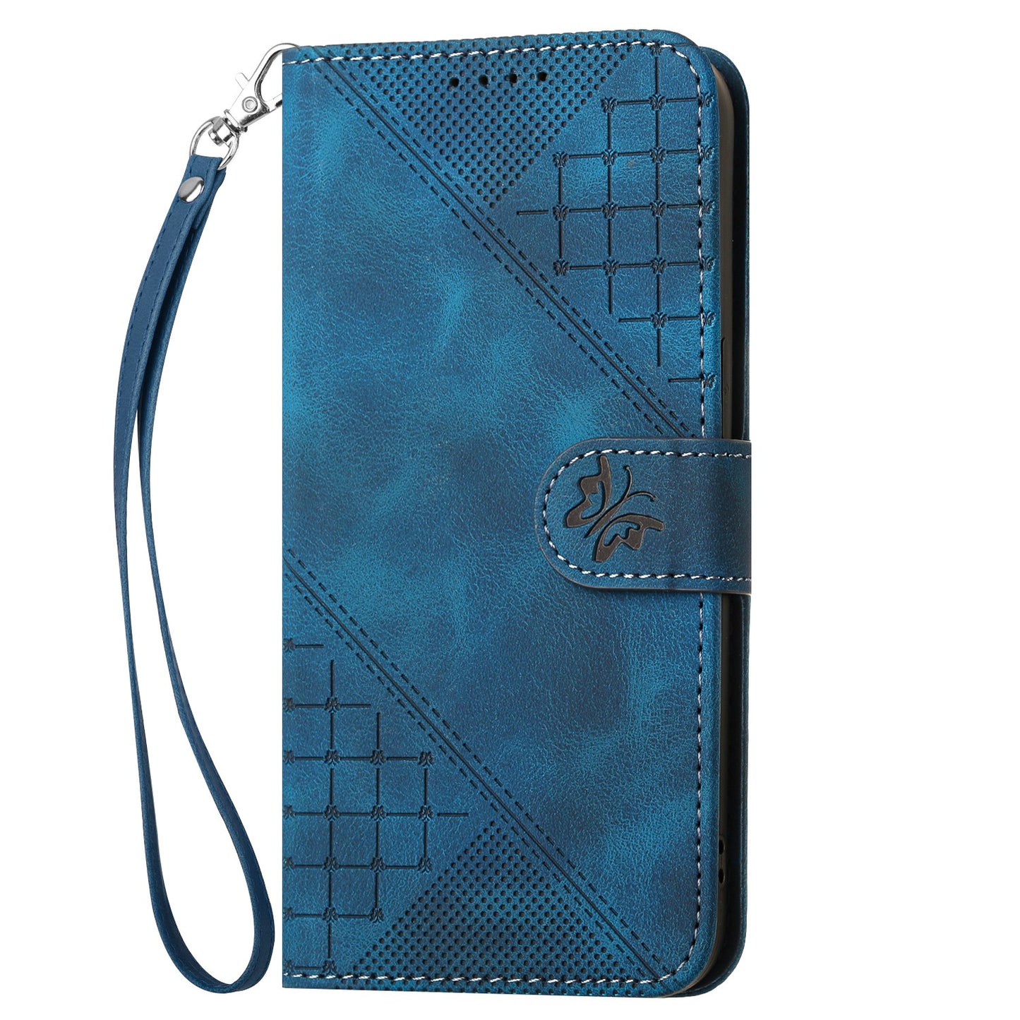 For iPhone 17 Leather Wallet Case Butterfly Flower Imprinted Phone Cover with Strap - Royal Blue
