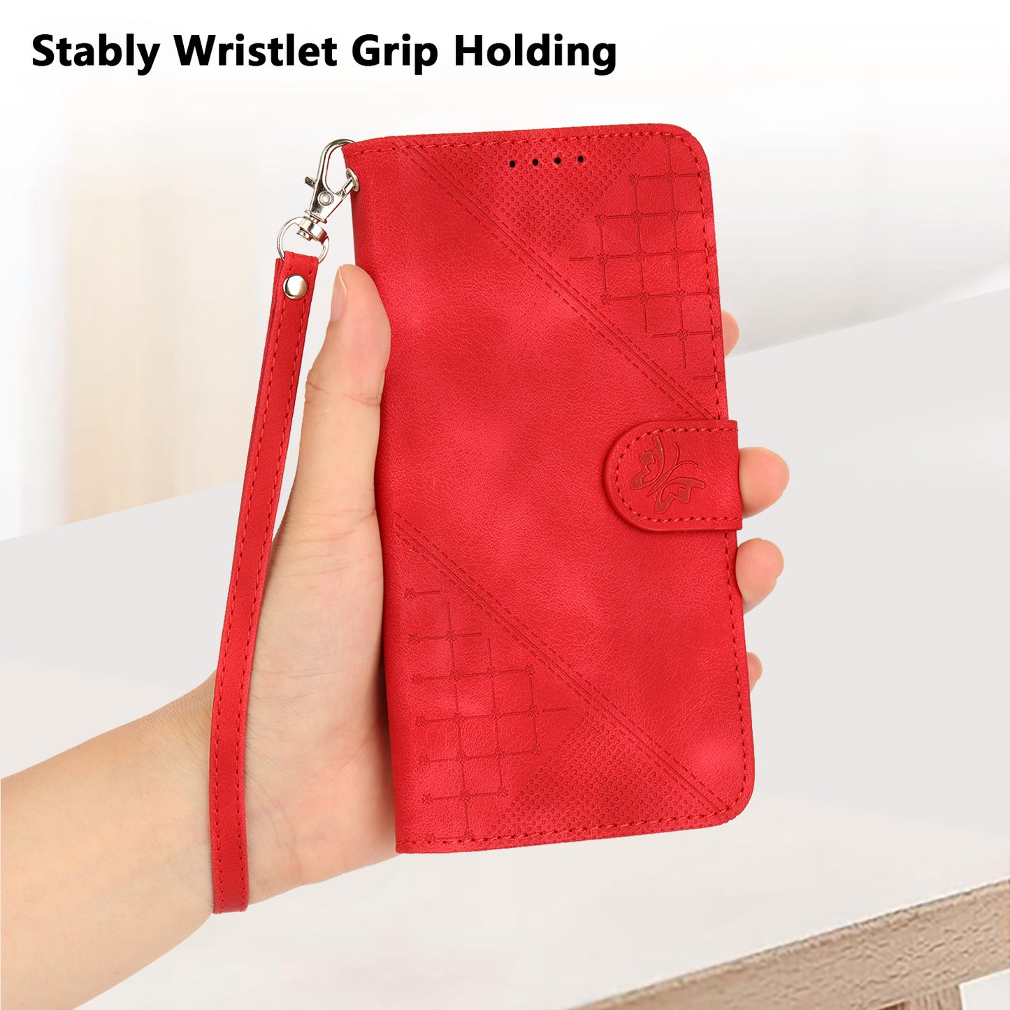 For iPhone 17 Leather Wallet Case Butterfly Flower Imprinted Phone Cover with Strap - Red