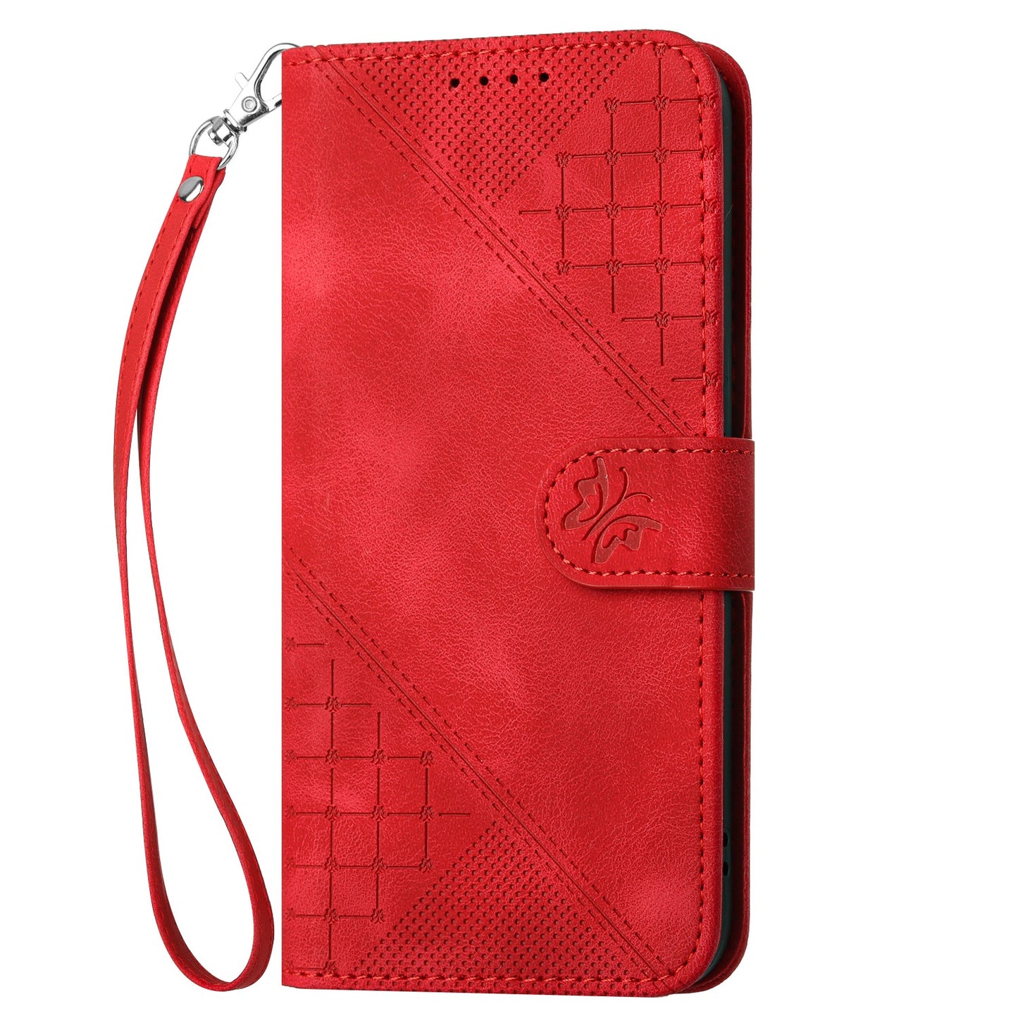 For iPhone 17 Leather Wallet Case Butterfly Flower Imprinted Phone Cover with Strap - Red