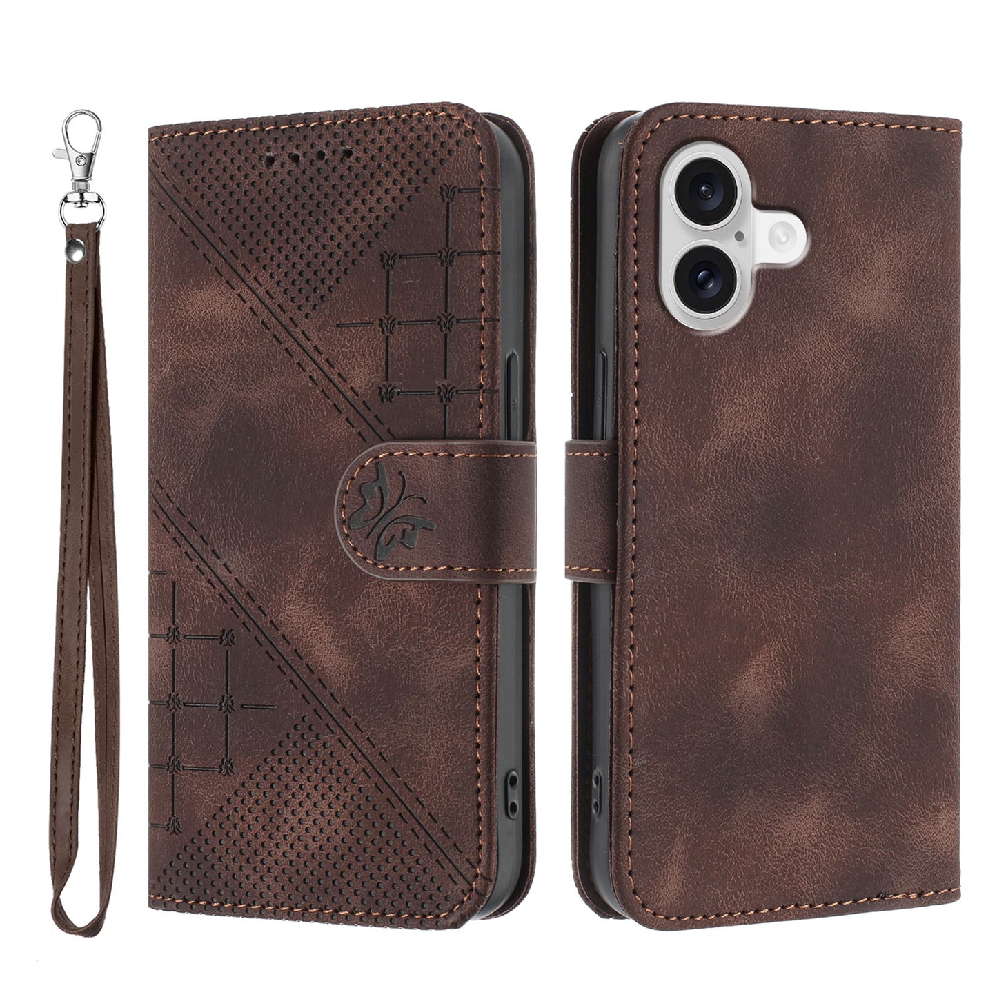 For iPhone 17 Leather Wallet Case Butterfly Flower Imprinted Phone Cover with Strap - Coffee
