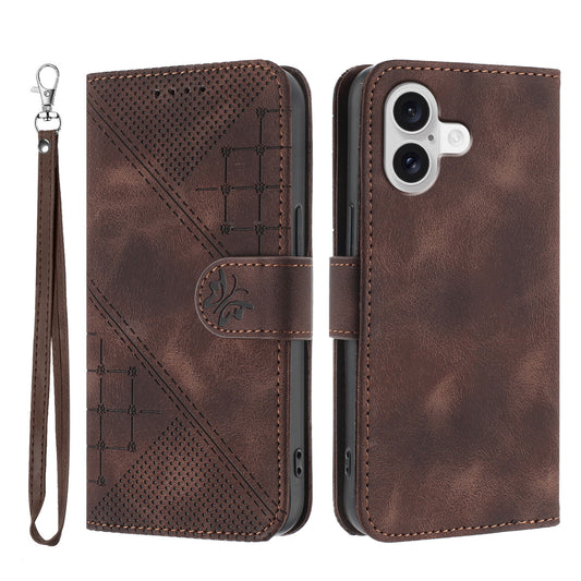 For iPhone 17 Leather Wallet Case Butterfly Flower Imprinted Phone Cover with Strap - Coffee