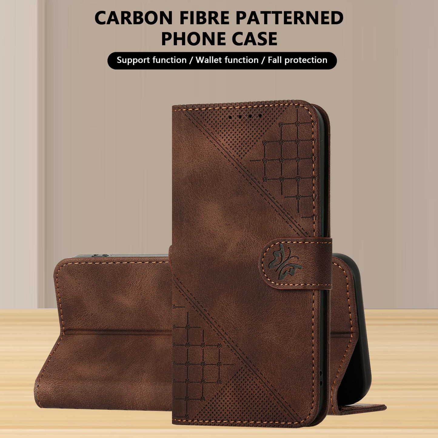 For iPhone 17 Leather Wallet Case Butterfly Flower Imprinted Phone Cover with Strap - Coffee