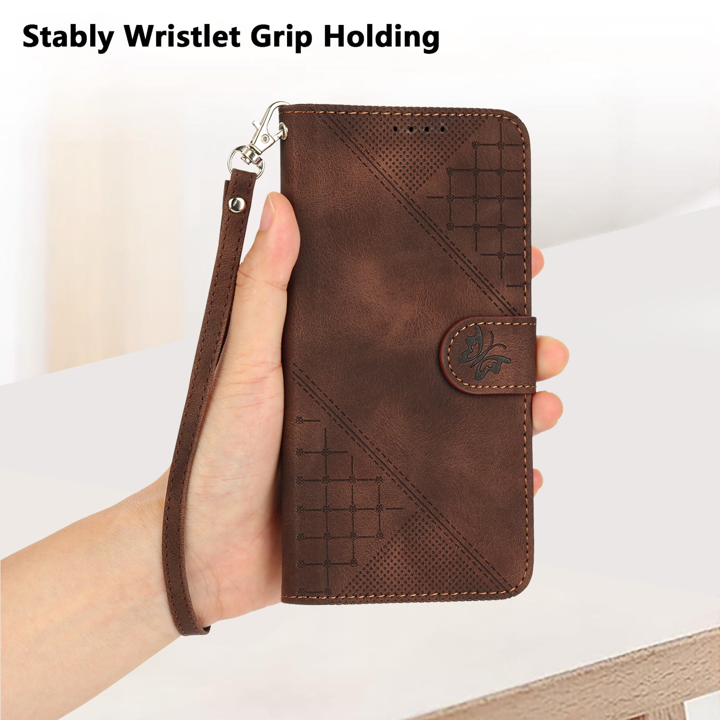 For iPhone 17 Leather Wallet Case Butterfly Flower Imprinted Phone Cover with Strap - Coffee