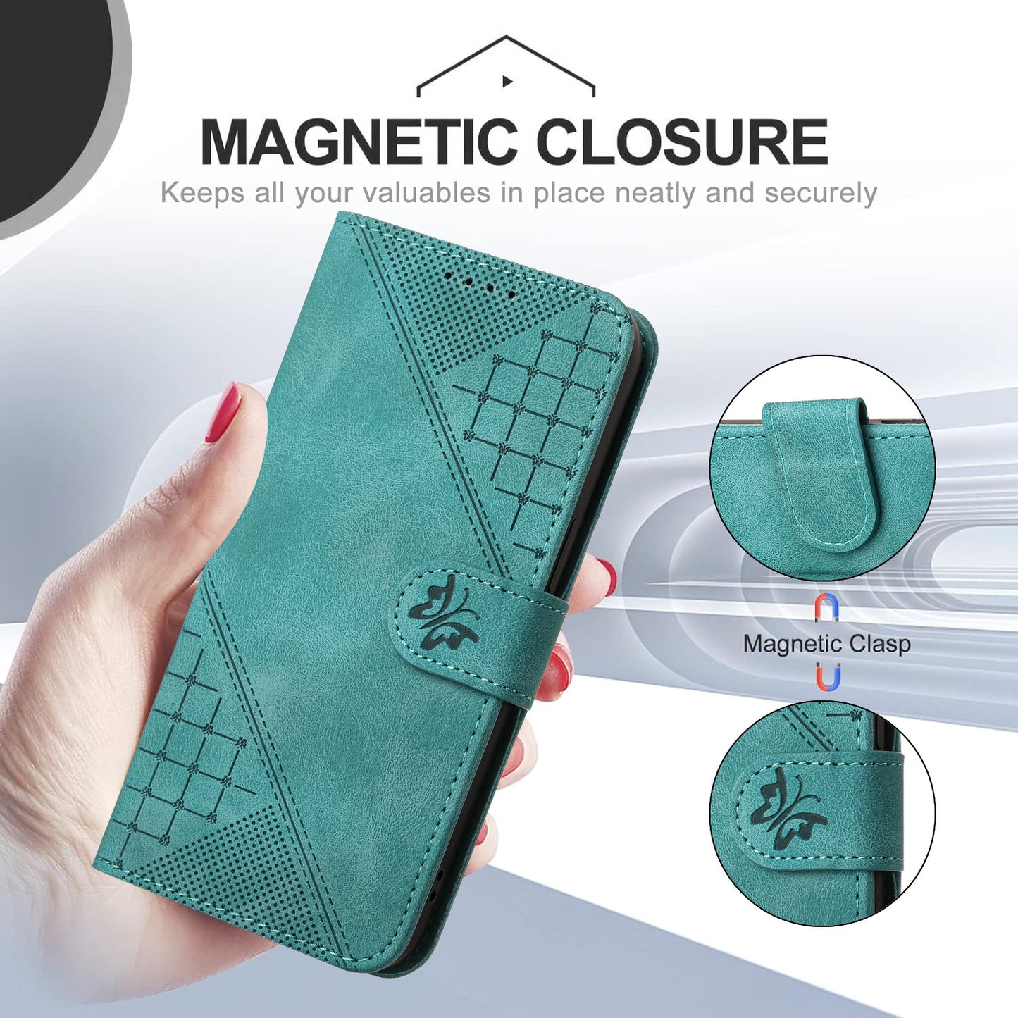 For iPhone 17 Leather Wallet Case Butterfly Flower Imprinted Phone Cover with Strap - Light Blue