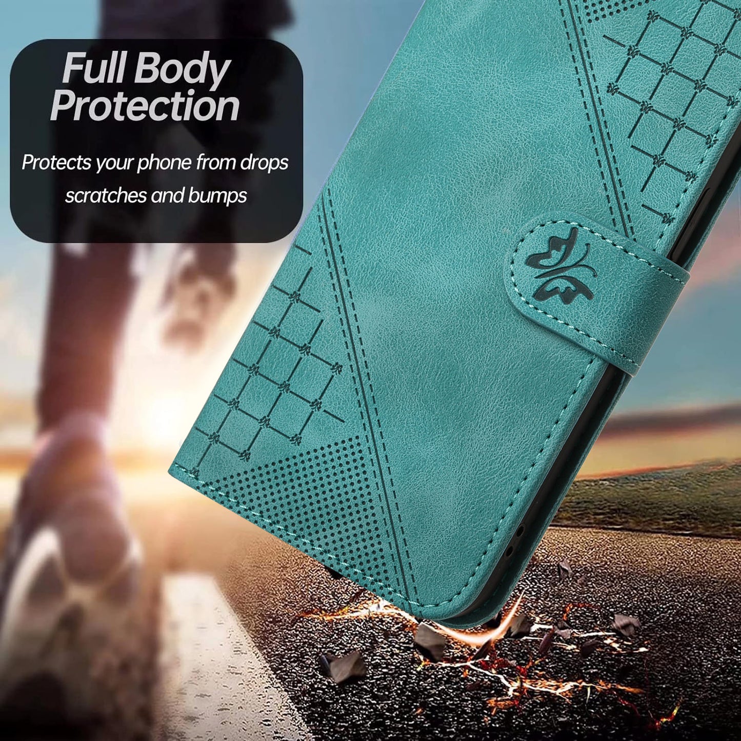 For iPhone 17 Leather Wallet Case Butterfly Flower Imprinted Phone Cover with Strap - Light Blue