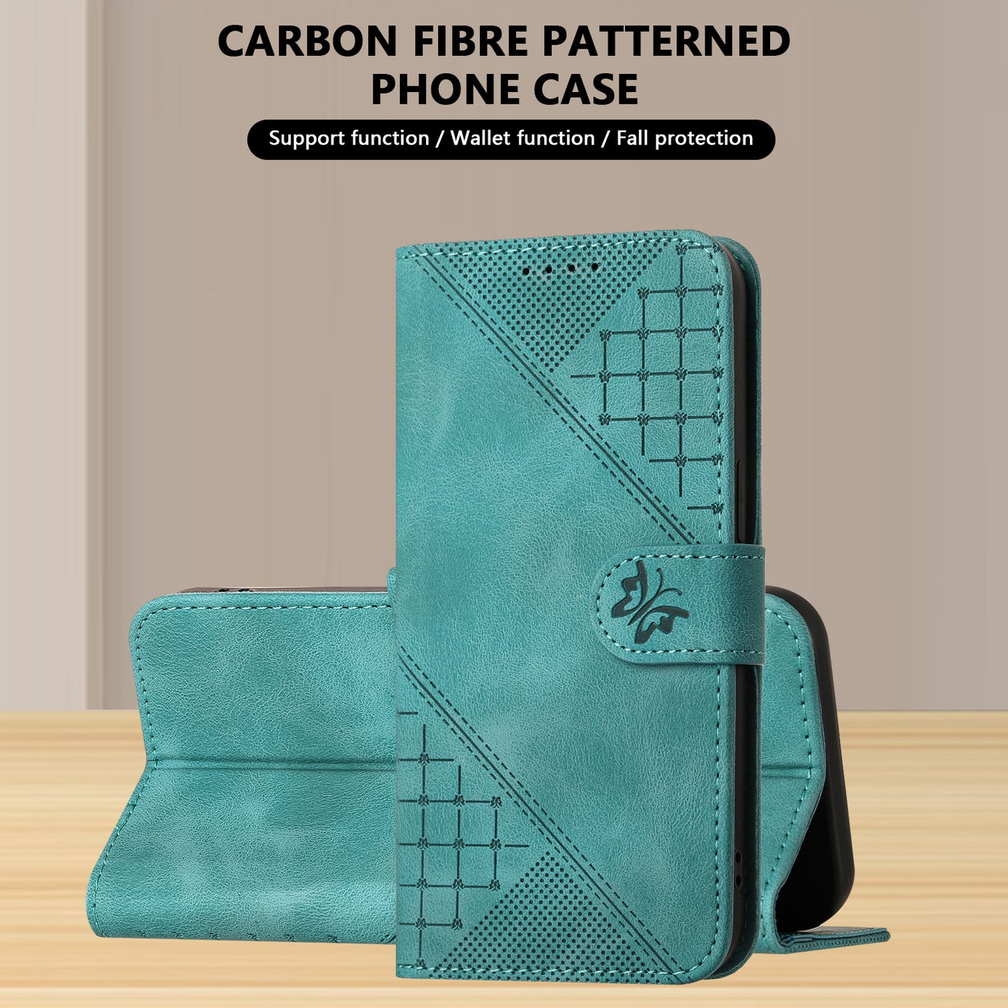 For iPhone 17 Leather Wallet Case Butterfly Flower Imprinted Phone Cover with Strap - Light Blue