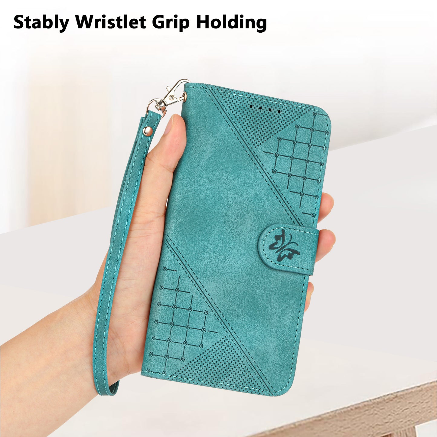 For iPhone 17 Leather Wallet Case Butterfly Flower Imprinted Phone Cover with Strap - Light Blue