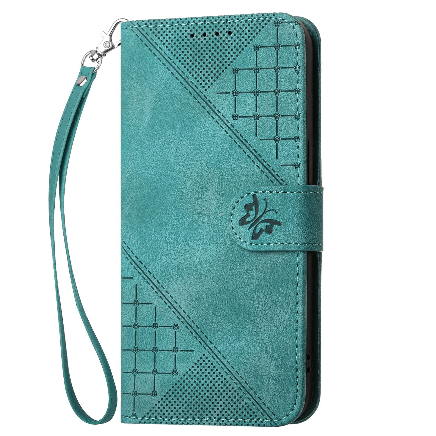 For iPhone 17 Leather Wallet Case Butterfly Flower Imprinted Phone Cover with Strap - Light Blue