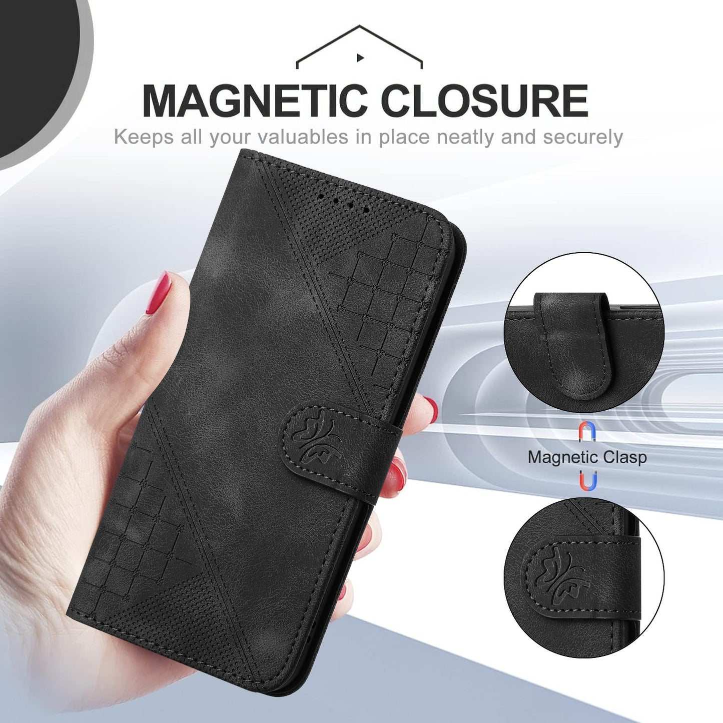 For iPhone 17 Leather Wallet Case Butterfly Flower Imprinted Phone Cover with Strap - Black