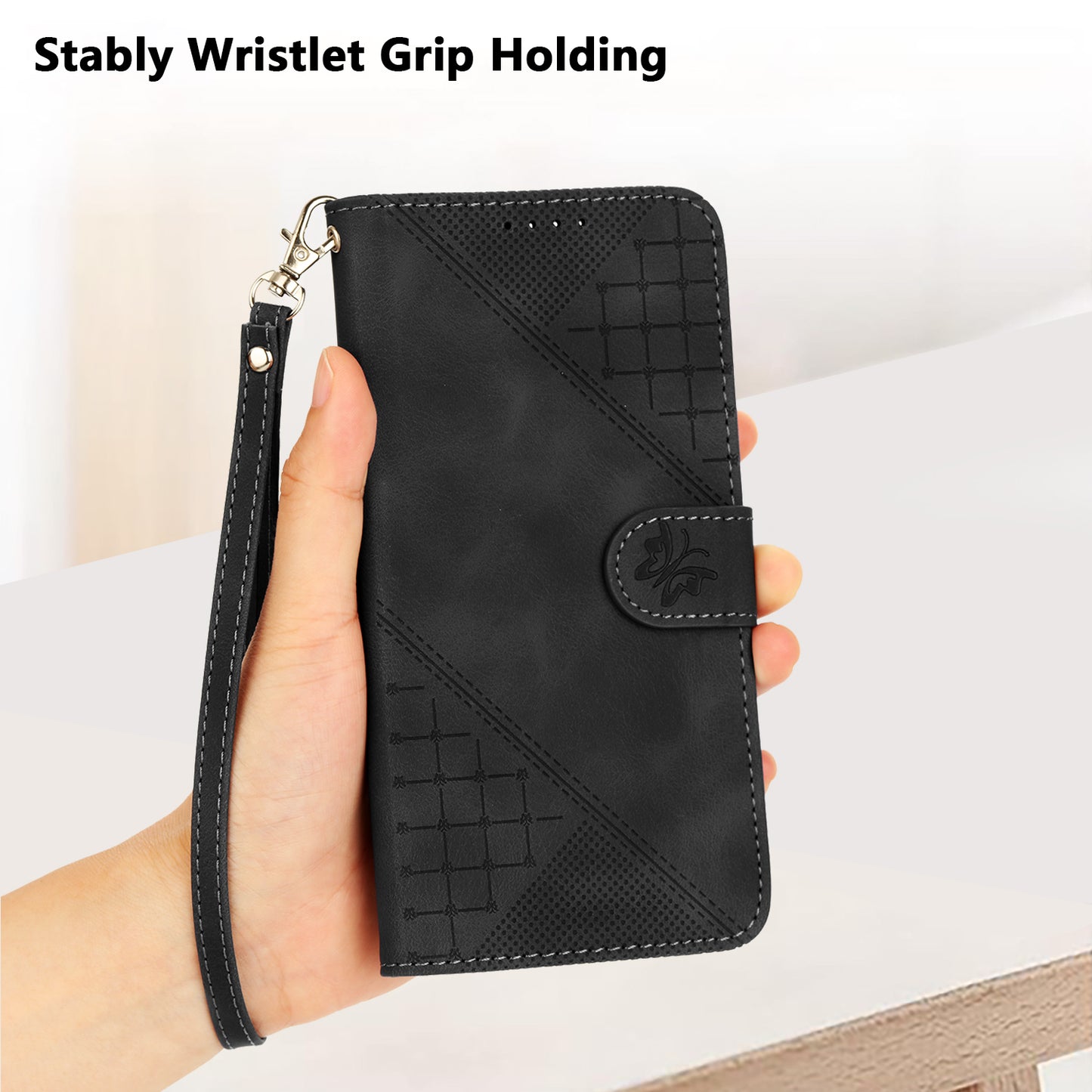 For iPhone 17 Leather Wallet Case Butterfly Flower Imprinted Phone Cover with Strap - Black
