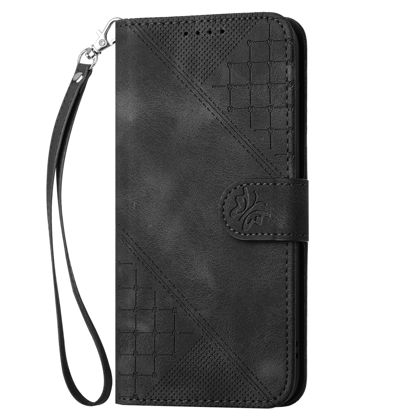 For iPhone 17 Leather Wallet Case Butterfly Flower Imprinted Phone Cover with Strap - Black