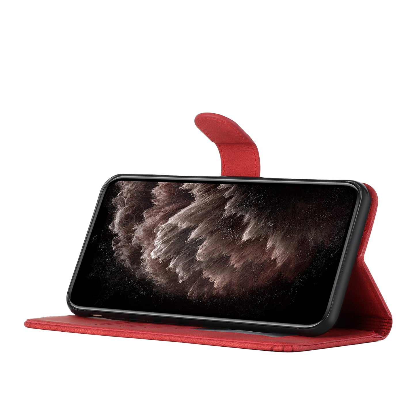 For iPhone 17 Phone Case with Strap Imprint PU Leather Wallet Stand Cover - Red