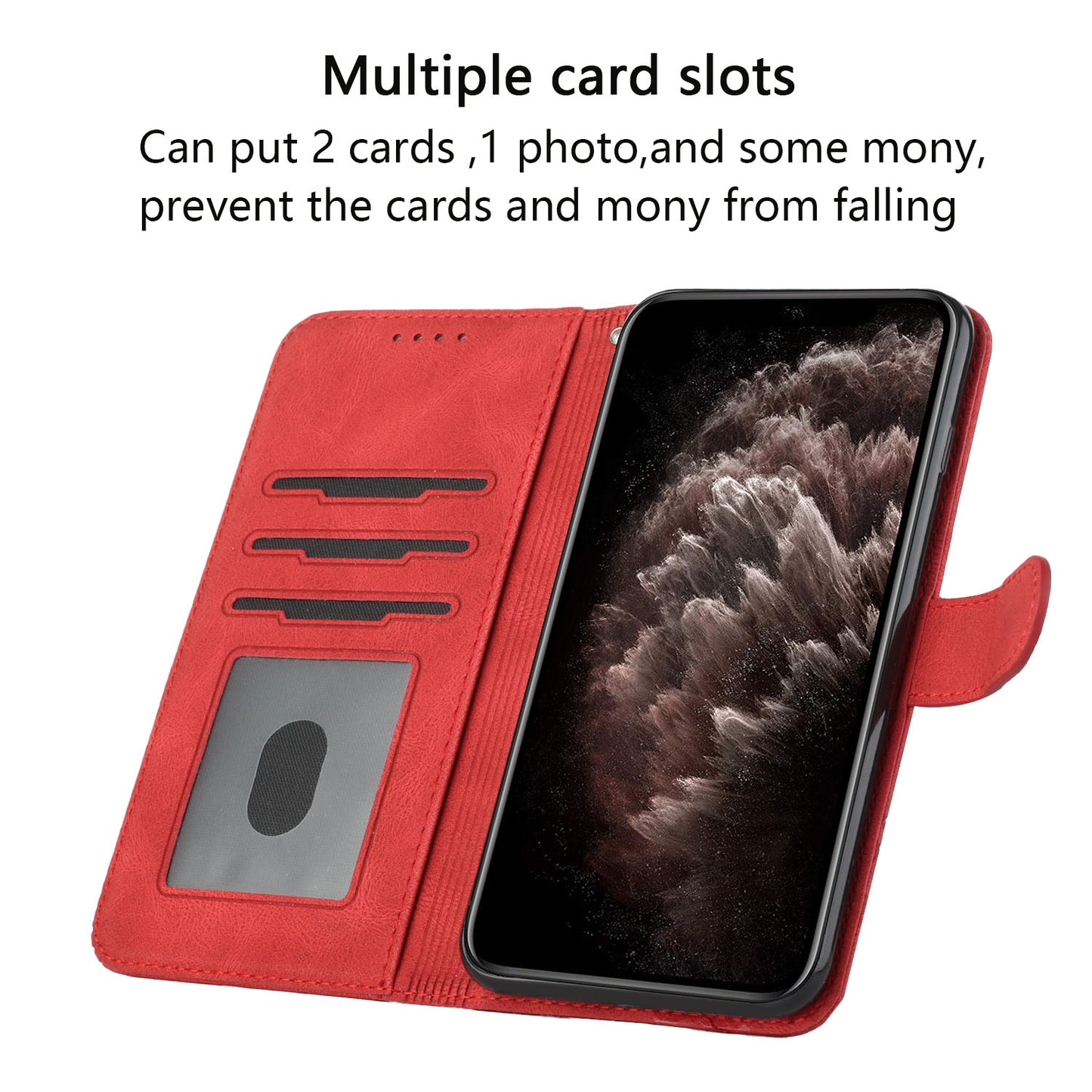 For iPhone 17 Phone Case with Strap Imprint PU Leather Wallet Stand Cover - Red