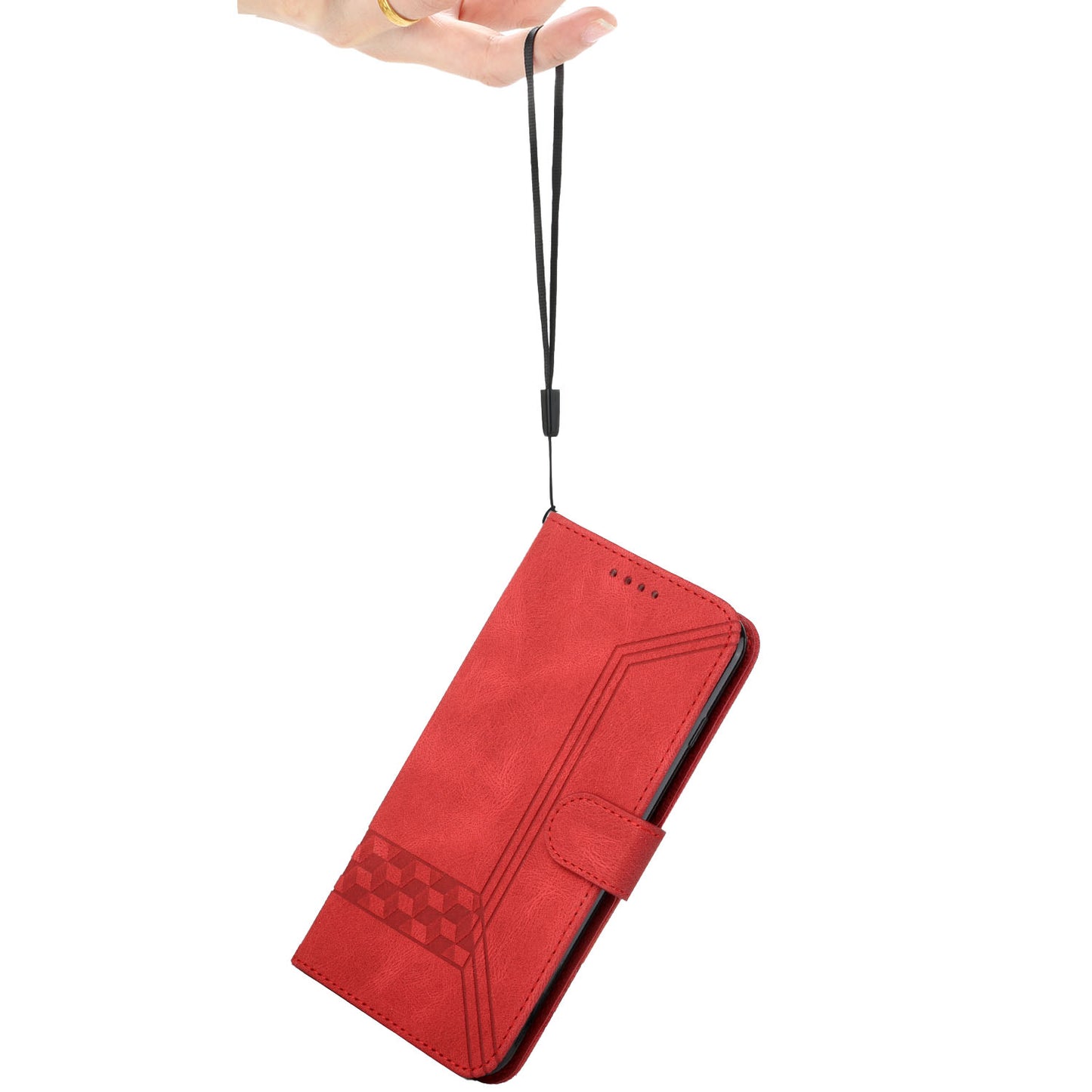 For iPhone 17 Phone Case with Strap Imprint PU Leather Wallet Stand Cover - Red