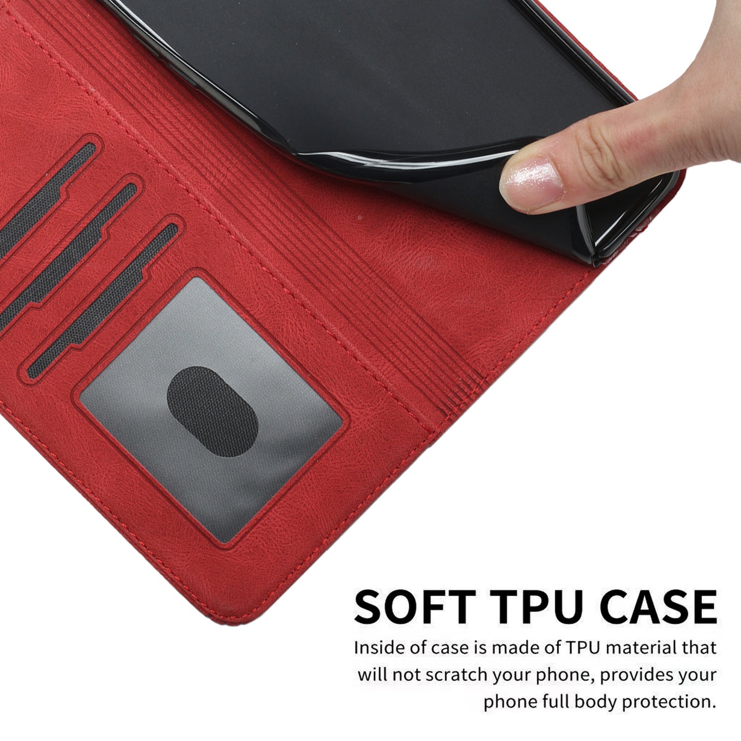 For iPhone 17 Phone Case with Strap Imprint PU Leather Wallet Stand Cover - Red